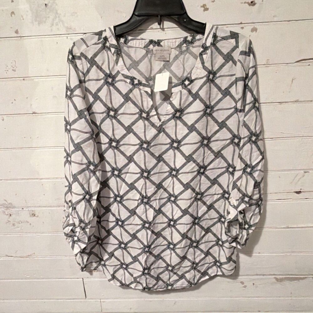 Van Heusen Women's White Black Geometric Top L 3/4 Roll Tab Sleeve Split Neck